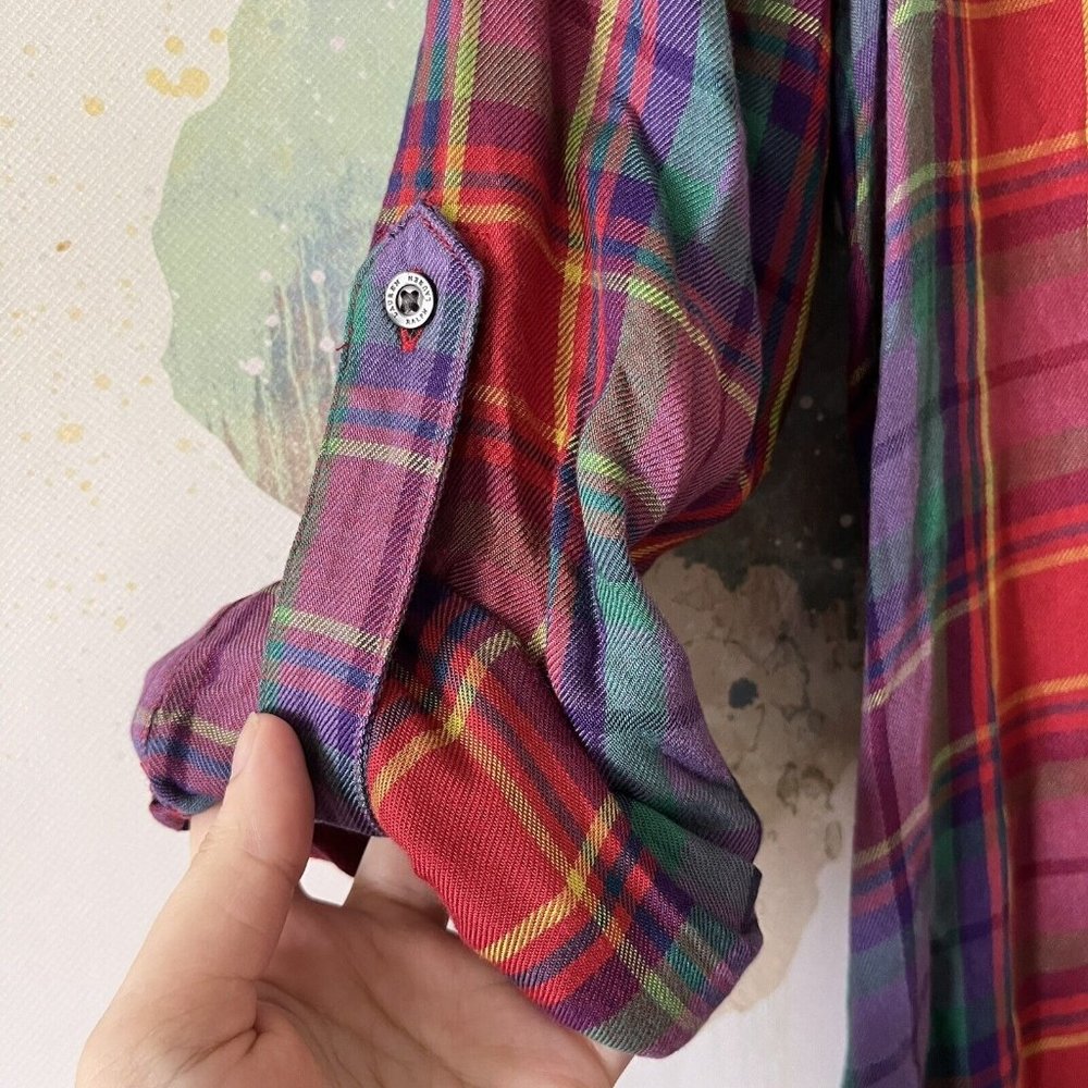 Lauren Ralph Lauren Top Size Small Rainbow Plaid Colorful Button Front Viscose - Picture 3 of 8